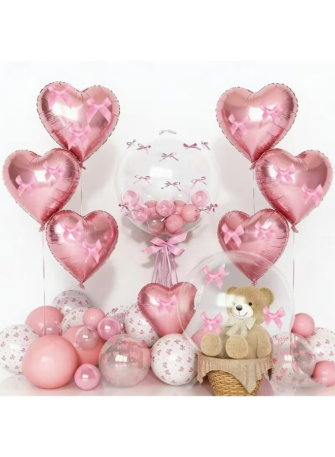 Kandid 20pcs Heart-Shaped Foil Balloons with Pink Ribbon Bows (Pink Heart) - Image 2